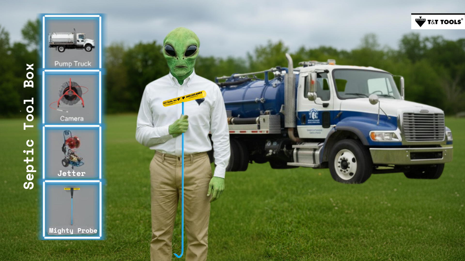 Septic tool box alien holding soil probe