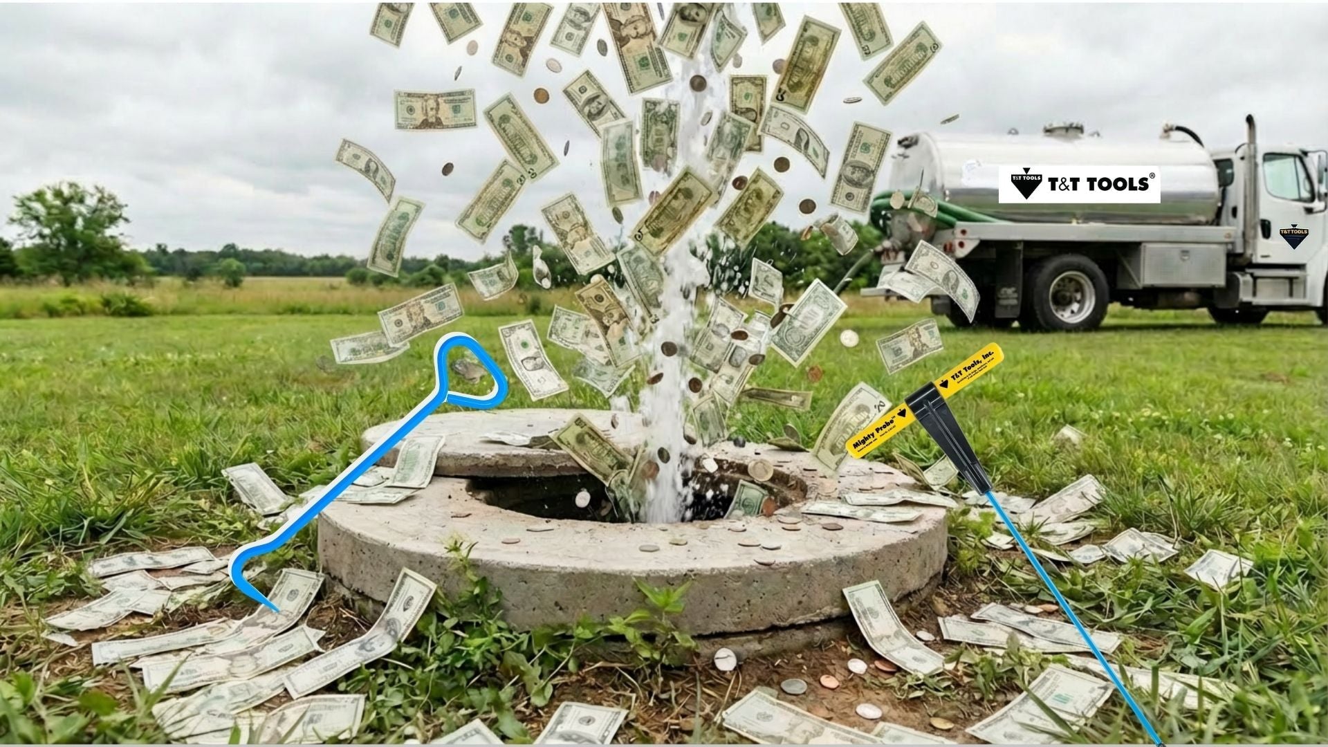 money shooting out of manhole with soil probe and hook