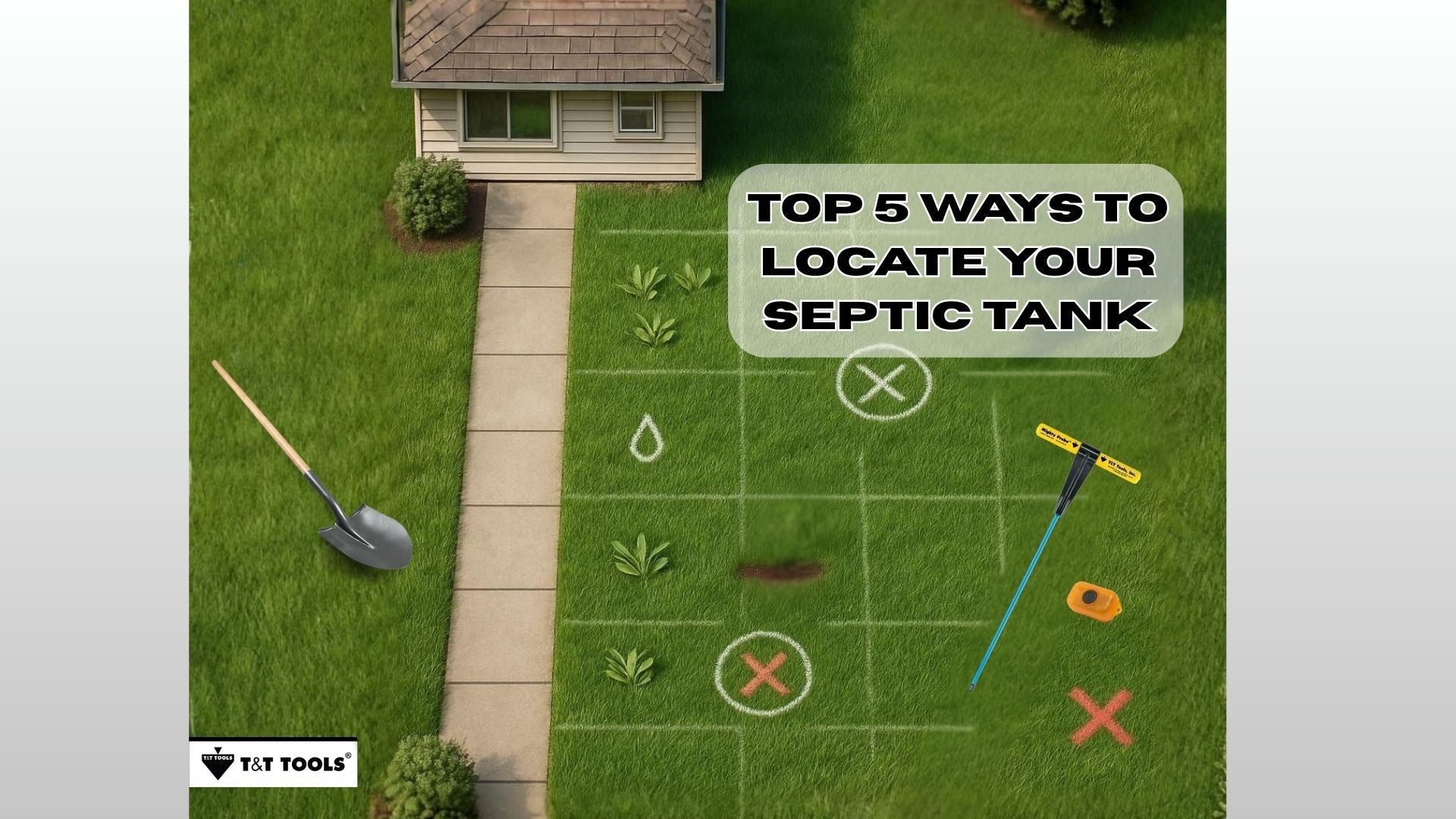 Illustration showing a residential yard with visual markers, a shovel, flushable transmitter and Mighty Probe highlighting methods used to locate a buried septic tank.