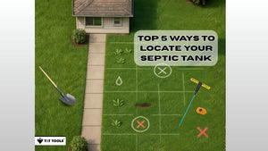 Illustration showing a residential yard with visual markers, a shovel, flushable transmitter and Mighty Probe highlighting methods used to locate a buried septic tank.