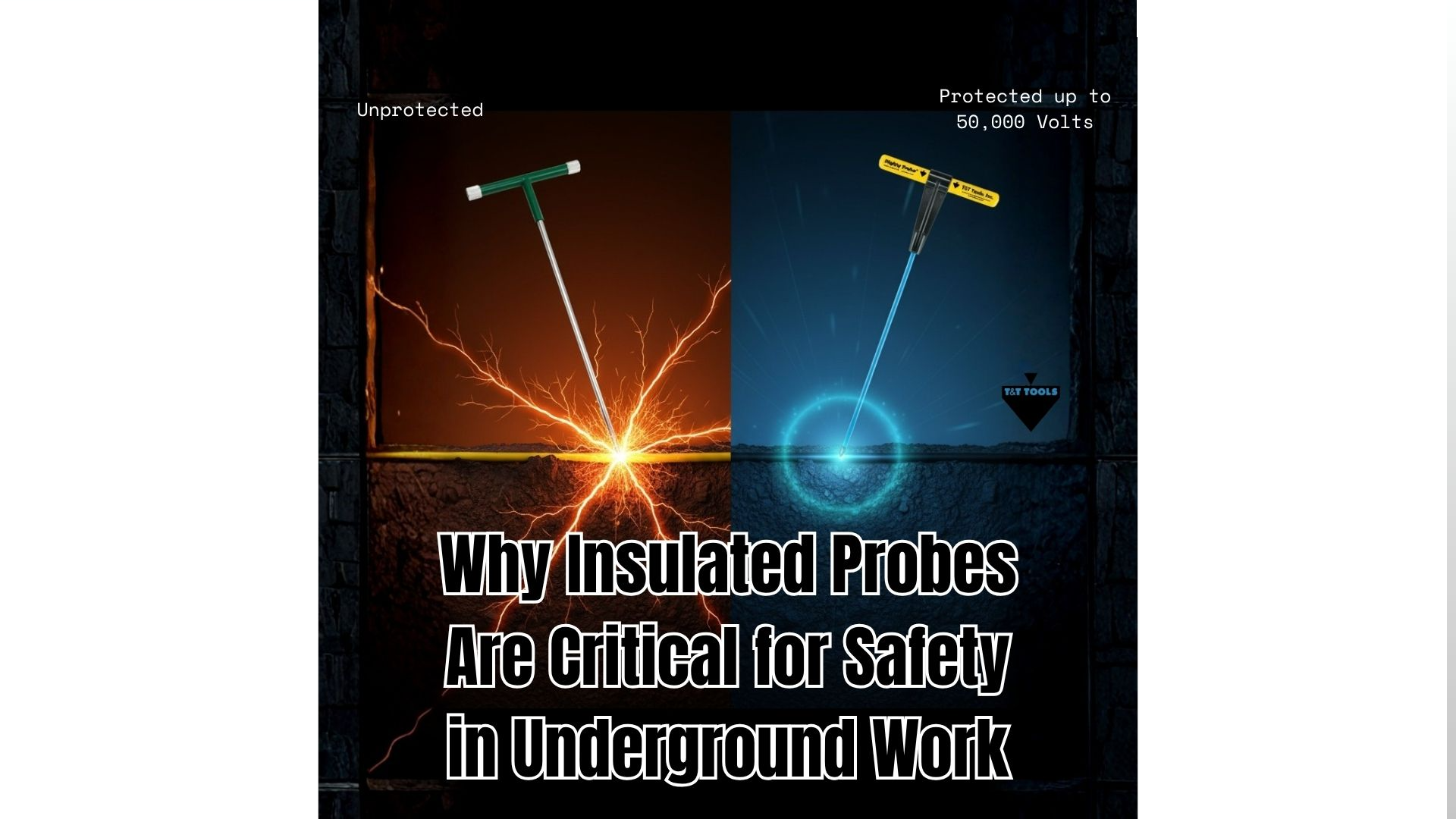 Comparison graphic showing unprotected metal probing tools versus insulated Mighty Probe protection during underground electrical contact.