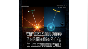 Comparison graphic showing unprotected metal probing tools versus insulated Mighty Probe protection during underground electrical contact.