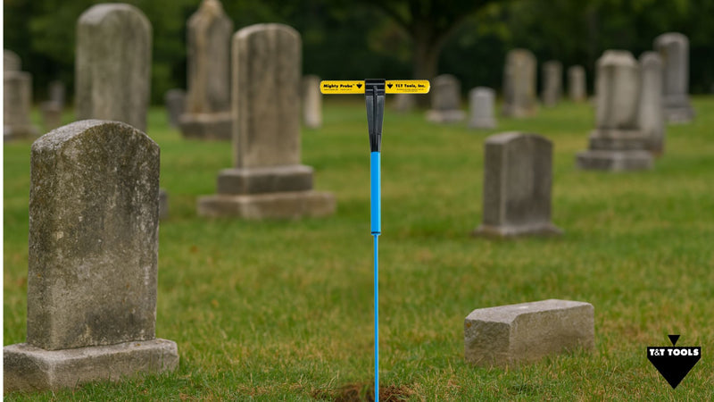 Cemetery groundskeeper using a Mighty Probe in a cemetery field to locate burial vaults underground