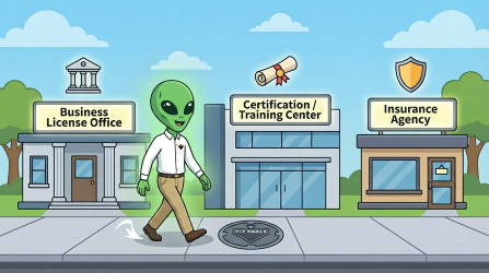 Cartoon alien walking on a sidewalk with various businesses in the background
