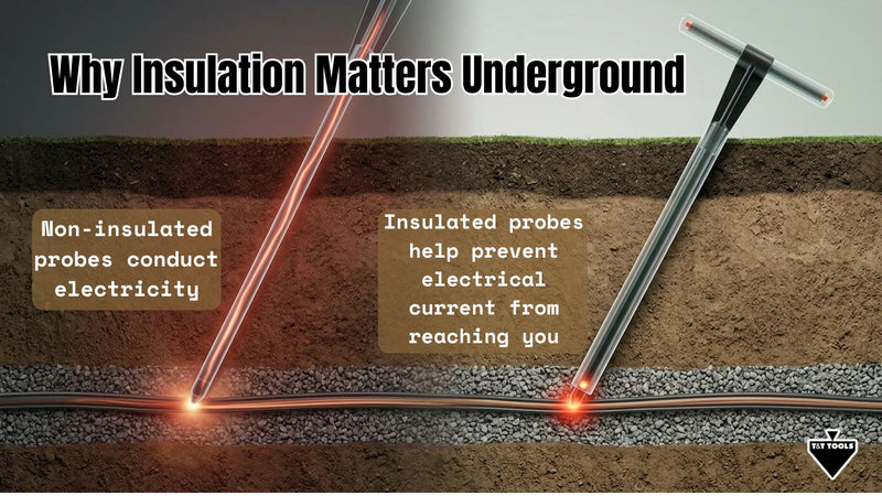 Diagram showing the importance of insulation for probes in underground settings, with text explaining how non-insulated probes conduct electricity and insulated probes prevent electrical current.