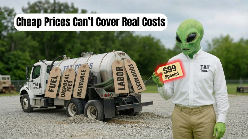 Graphic showing hidden long-term costs caused by cheap septic equipment and low-quality tools