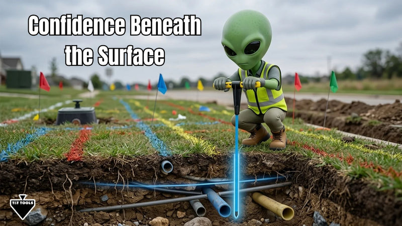 Alien mascot using a Mighty Probe above marked underground utilities demonstrating confidence and accuracy when locating buried infrastructure