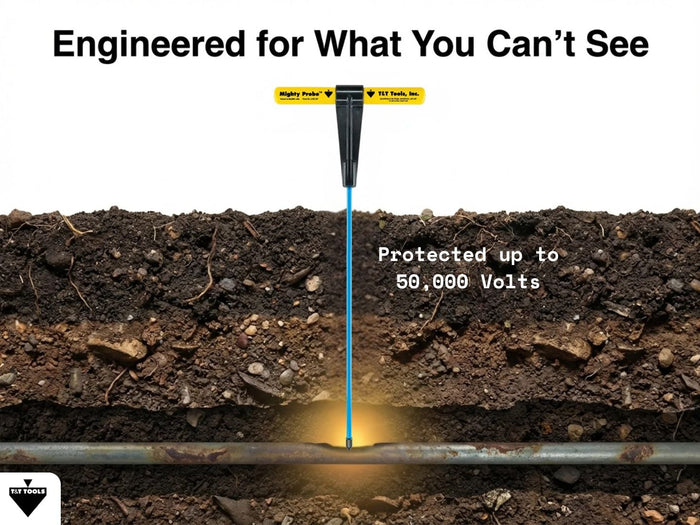 Mighty Probe underground locating tool graphic highlighting insulated safety and underground performance