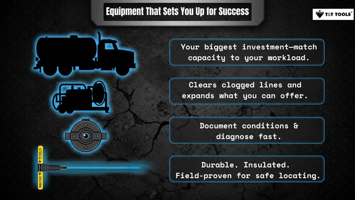 Graphic showing essential septic service equipment including pump trucks jetters inspection cameras and a Mighty Probe