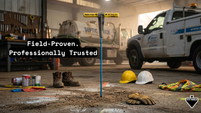 Mighty Probe displayed in a professional work environment surrounded by service vehicles safety equipment and field tools