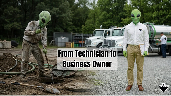 Graphic showing the transition from septic field technician to business owner and leader responsible for managing crews operations and growth