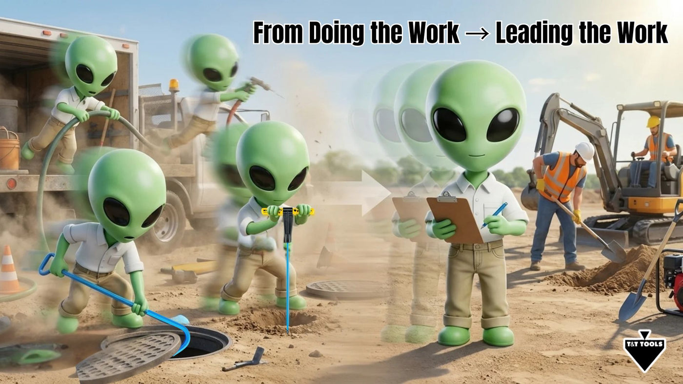 T&T Tools mascot transitioning from solo work to leading a septic service team