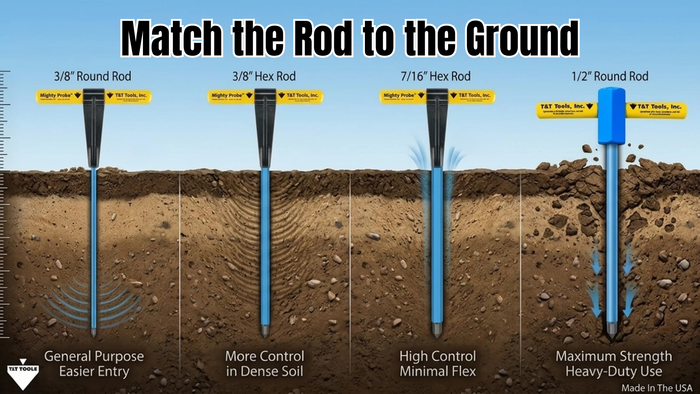 Illustration of different types of soil probs rods with their respective sizes and uses in soil.
