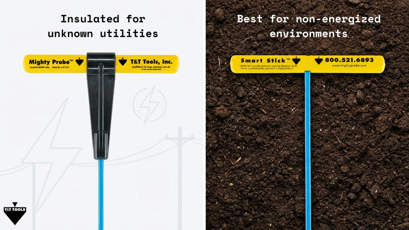 Comparison graphic showing insulated and non-insulated soil probes for different underground locating environments
