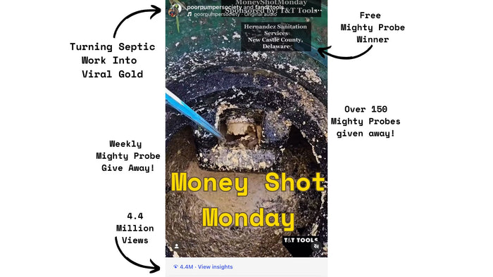 Screenshot graphic explaining the #MoneyShotMonday septic industry social media feature and audience engagement
