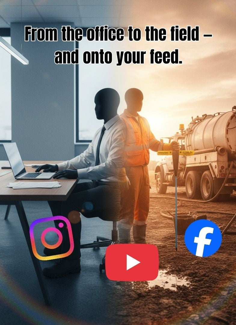 Graphic showing septic business operations connecting office work field service and social media marketing