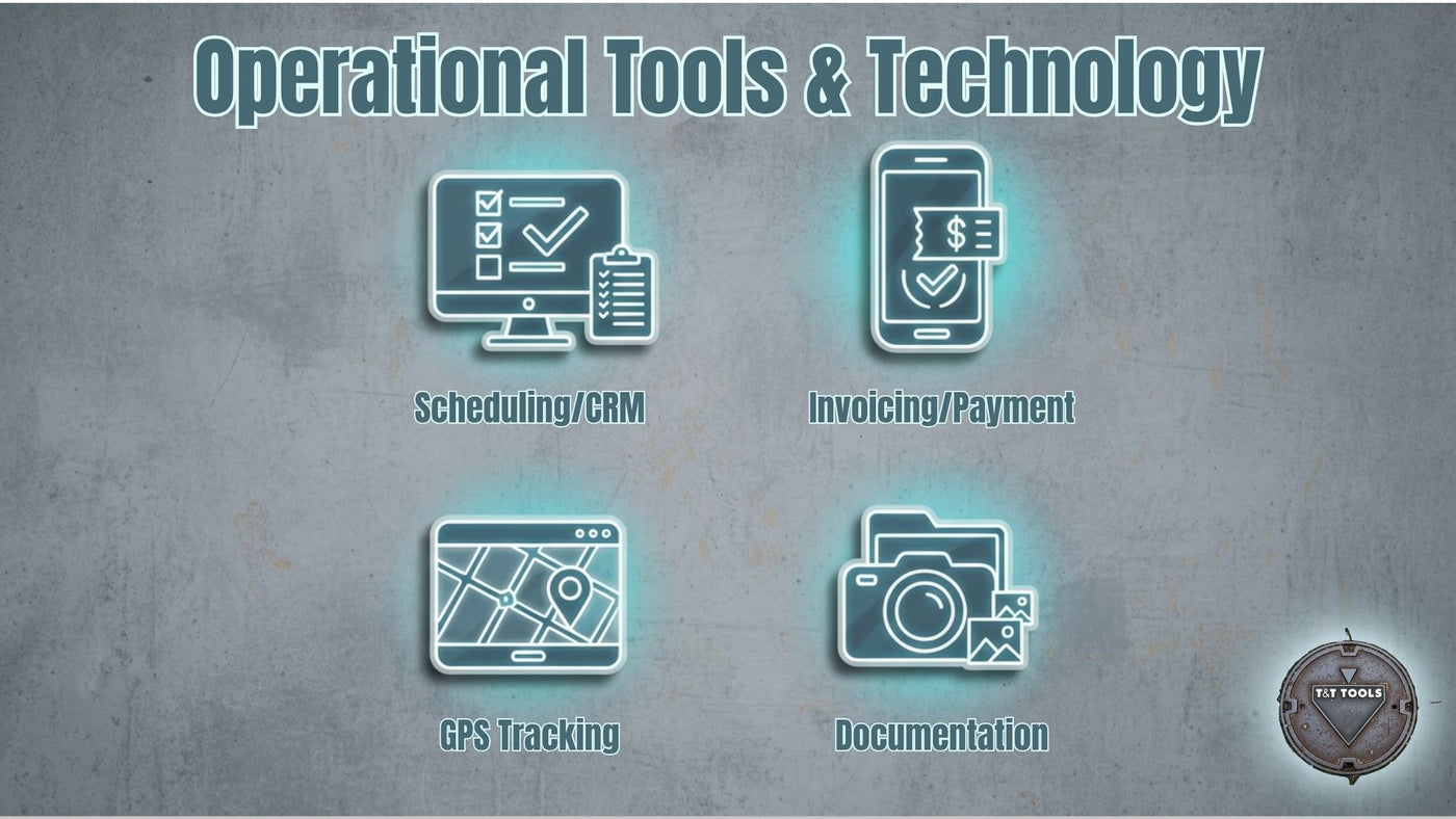 Graphic showing septic business software tools including scheduling CRM invoicing GPS tracking and digital documentation systems