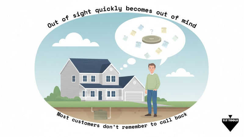 Graphic showing a homeowner forgetting about a buried septic system until service becomes necessary