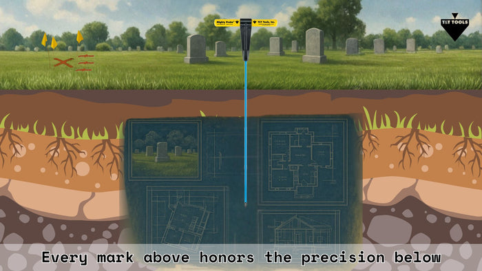 Mighty Probe graphic showing underground mapping and precise cemetery grave location marking