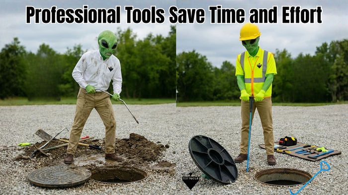 Comparison graphic showing stressful septic work with improper tools versus efficient work using professional equipment
