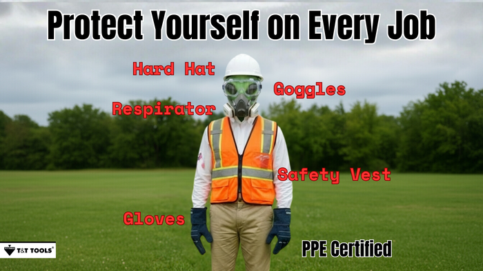 Graphic showing recommended septic technician PPE including hard hat goggles respirator gloves safety vest and protective equipment