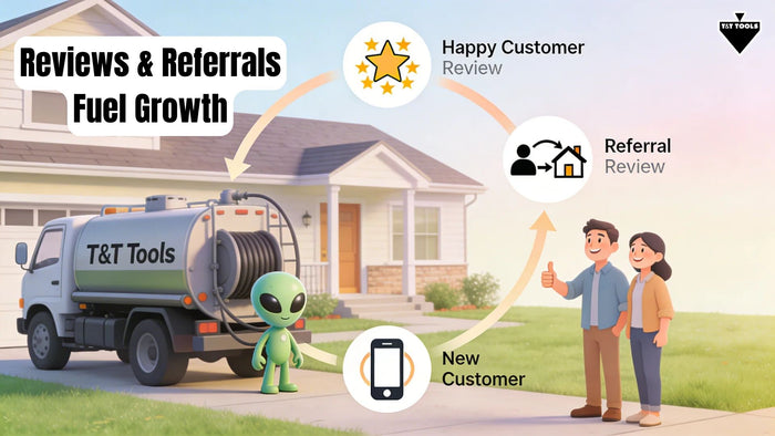 Graphic showing how positive reviews and customer referrals generate repeat business and new septic service customers