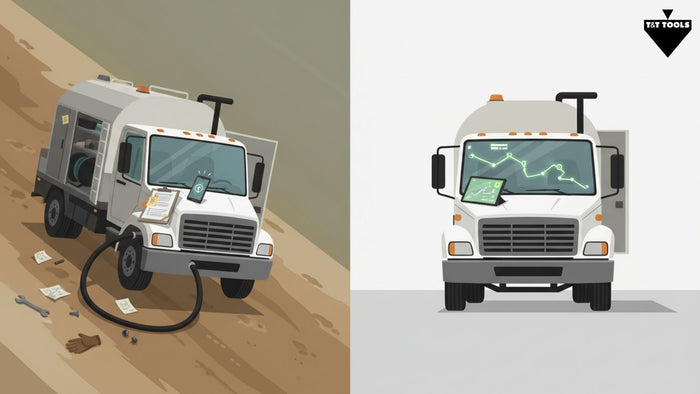 Comparison graphic showing disorganized septic scheduling versus efficient planned routing and customer reminder systems