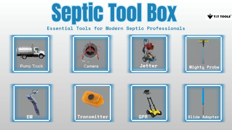 Graphic showing essential septic service equipment including pump trucks cameras jetters EM locators transmitters GPR systems and a Mighty Probe