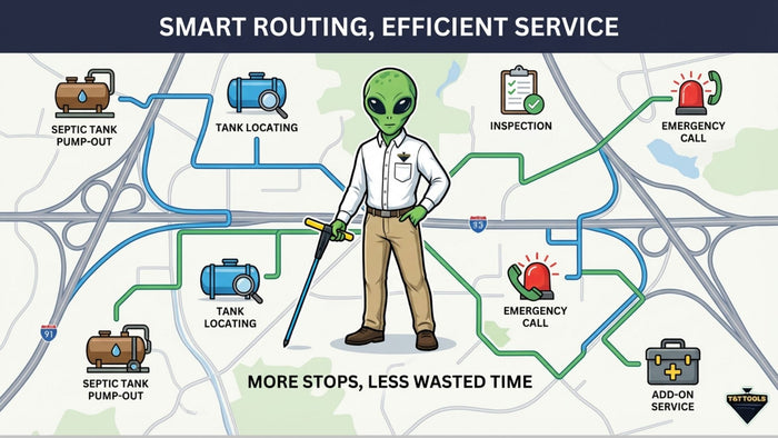 Graphic showing efficient septic service routing with tank locating pump-outs inspections emergency calls and add-on services scheduled along optimized routes