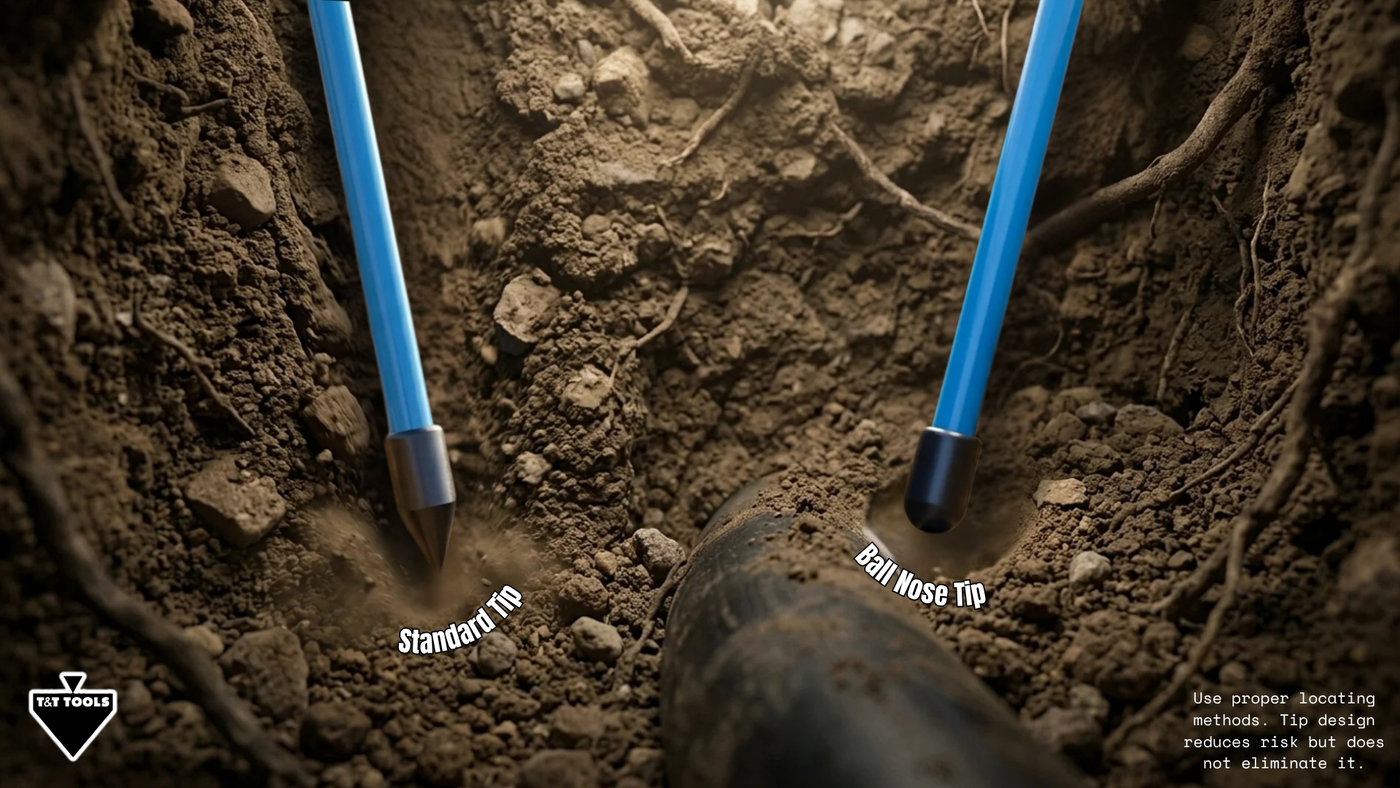 Two blue tools with different tips embedded in soil, labeled 'Standard Tip' and 'Ball Nose Tip'.