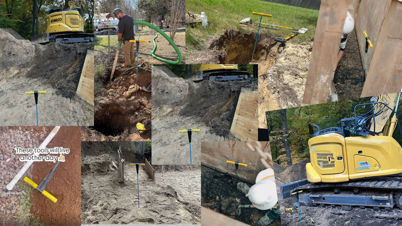 Collage of septic industry community photos showing workers customers and field operations