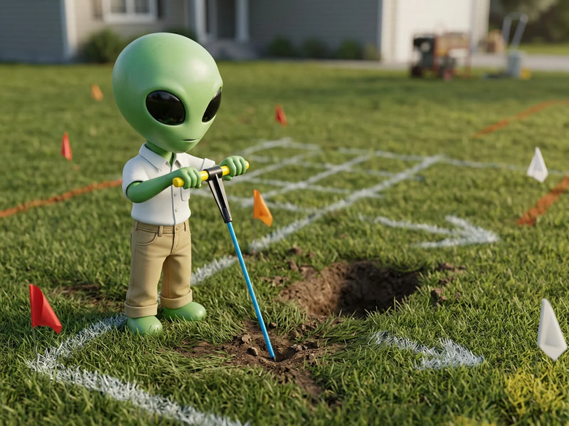 Alien holding soil probe inspecting the ground
