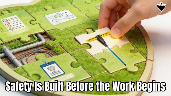 Hand placing a puzzle piece on a safety-themed board game with text 'Safety is Built Before the Work Begins'.