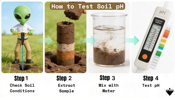 Four-step infographic showing how to test soil pH using a soil probe and sampling tools