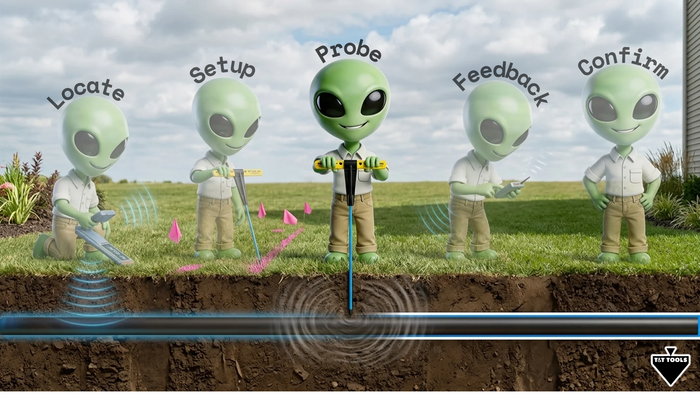 Workflow graphic showing the underground locating process including locate setup probe feedback and confirm steps