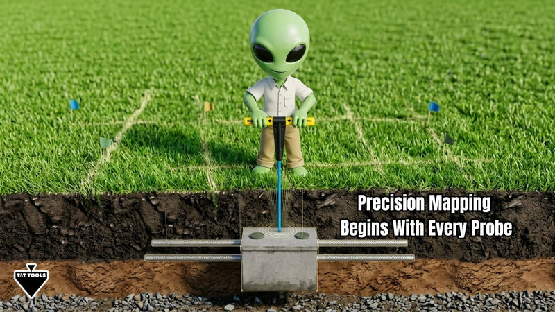 Alien figure with a probe in a grassy field with a cross-section of the ground below.