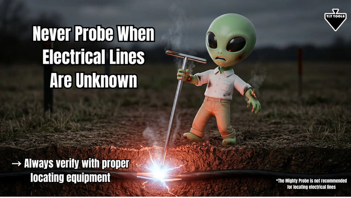 T&T Tools mascot holding a non-insulated probe warning against probing near unknown electrical lines