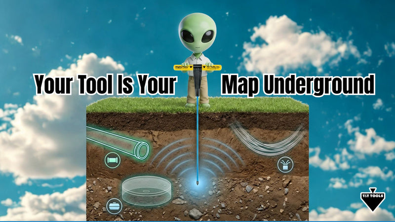 T&T Tools mascot probing the ground with glowing underground utilities beneath the surface