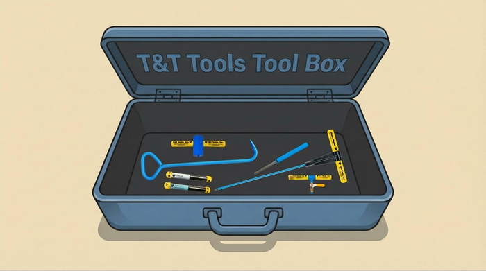 Toolbox graphic showing multiple T&T Tools underground locating and lifting tools used in field operations
