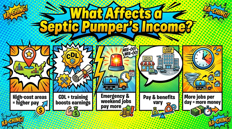 Infographic showing factors that affect septic tank pumper income including experience certifications and location