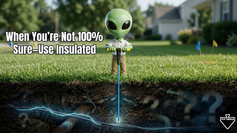 T&T Tools mascot using an insulated Mighty Probe for safer underground utility locating