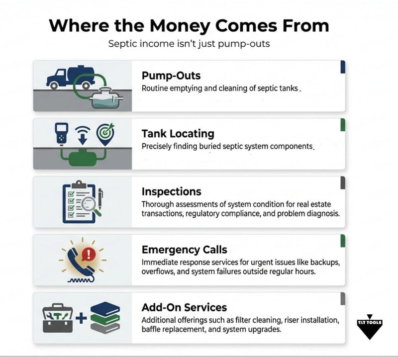 Graphic showing major septic business revenue streams including pump-outs tank locating inspections emergency calls and add-on services