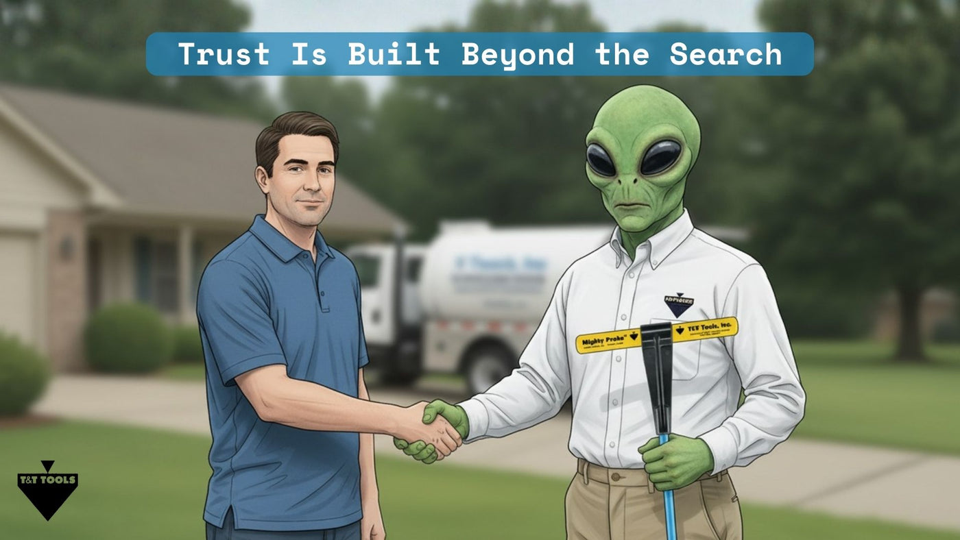 T&T Tools mascot shaking hands with a septic service customer to represent trust and professional relationships