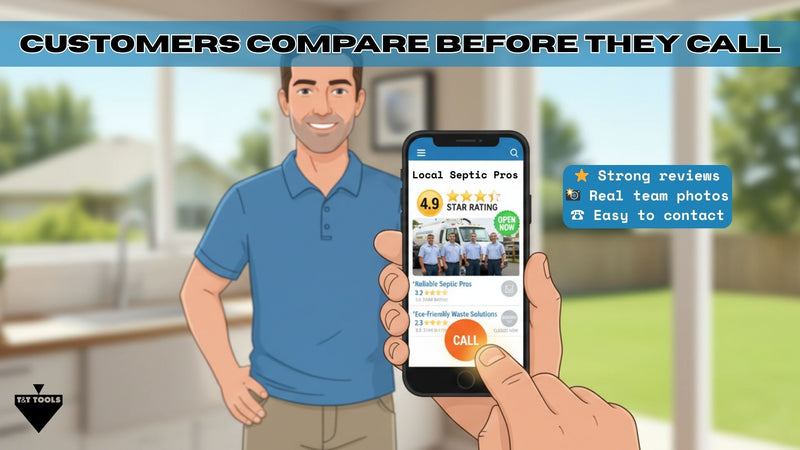 Customer comparing online reviews before choosing a septic service company