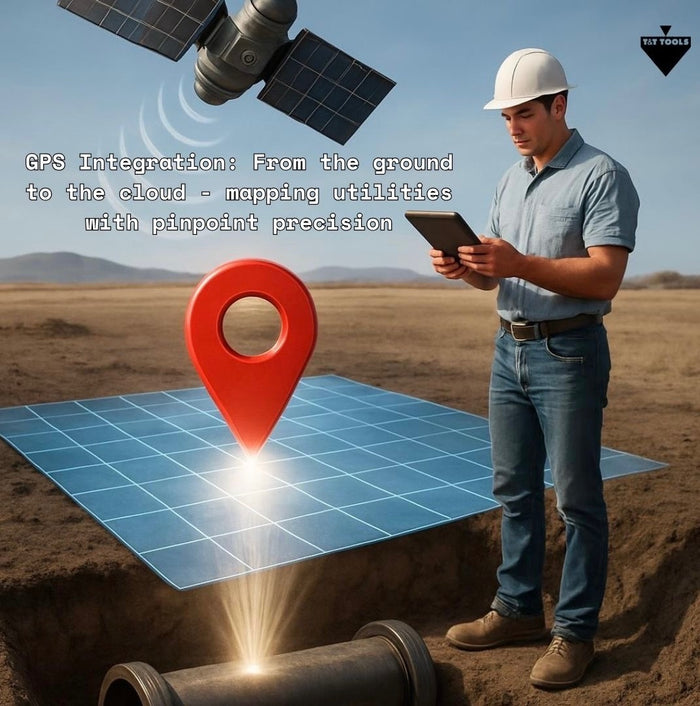 GPS utility locating infographic showing digital underground mapping from field equipment to cloud systems