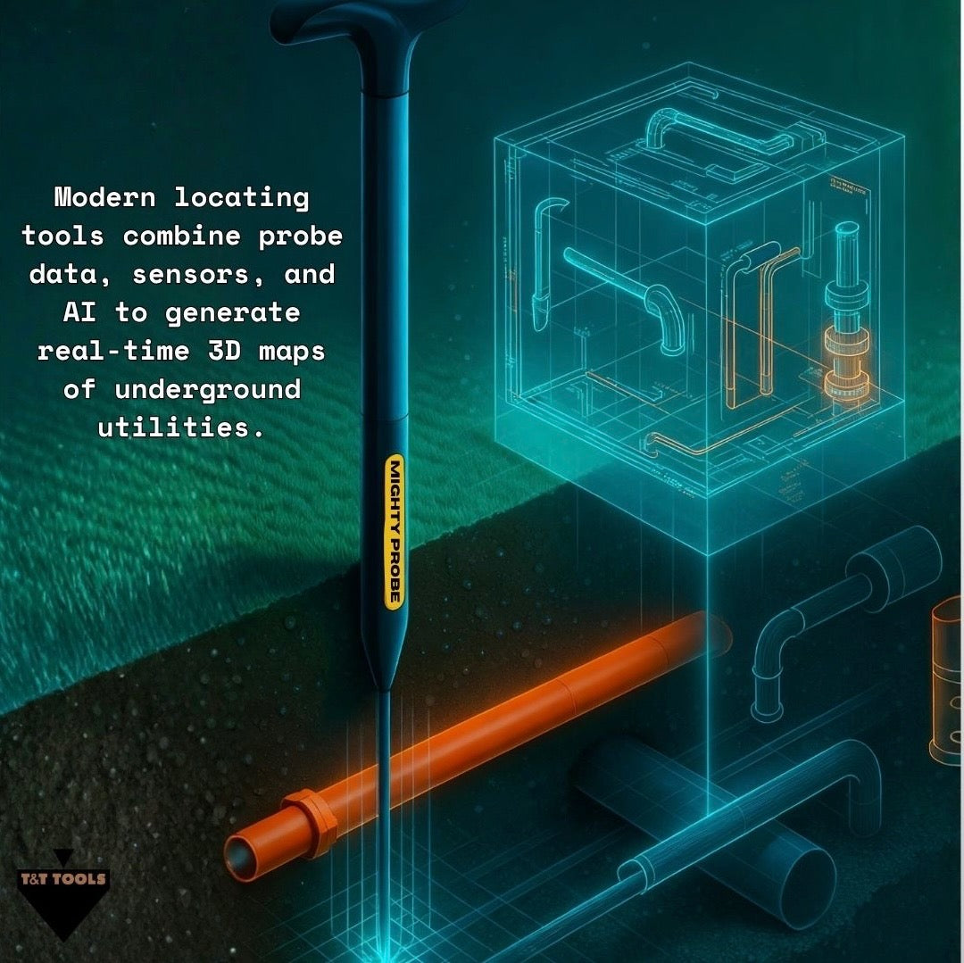 Modern utility locating graphic showing AI-generated real-time 3D underground utility mapping