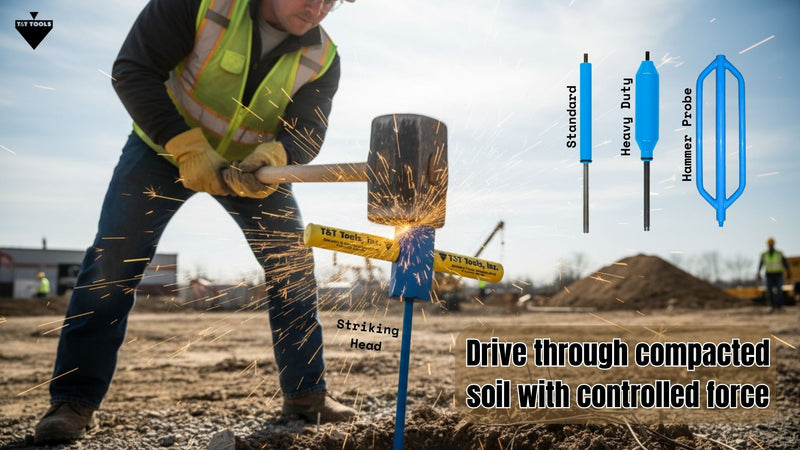 Worker using a striking head soil probe with a hammer to penetrate compacted ground