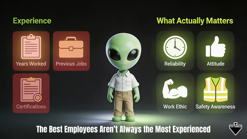Hiring graphic comparing experience with reliability attitude and work ethic for septic service employees