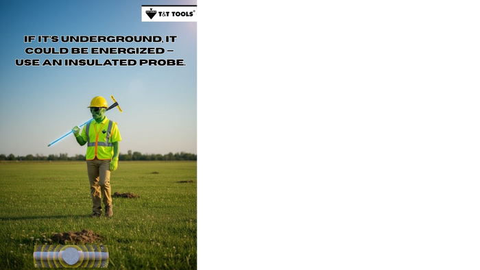 T&T Tools mascot walking with an insulated Mighty Probe near underground utility hazards