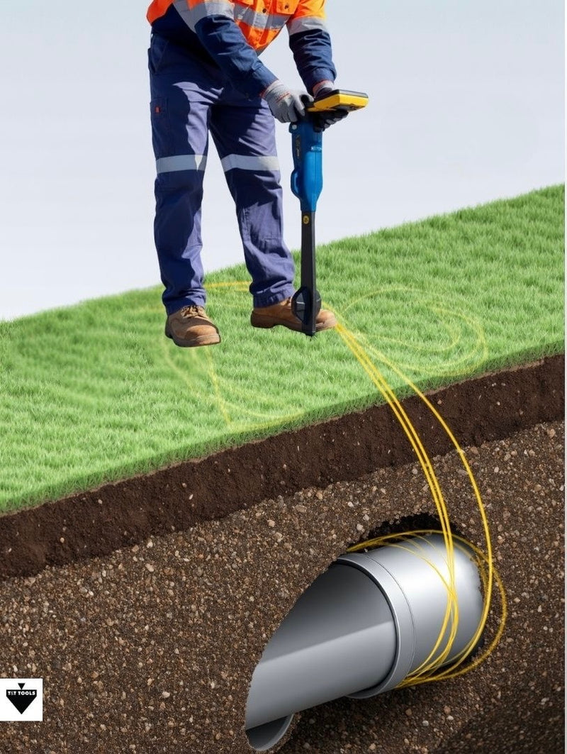 Worker using an electromagnetic locator to detect an underground utility pipe